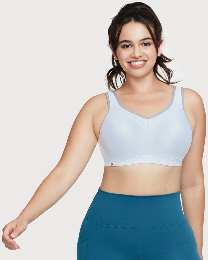 Front of a model wearing a size 38F High Impact Underwire Sports Bra in White/Gray by Glamorise Sport. | dia_product_style_image_id:260766